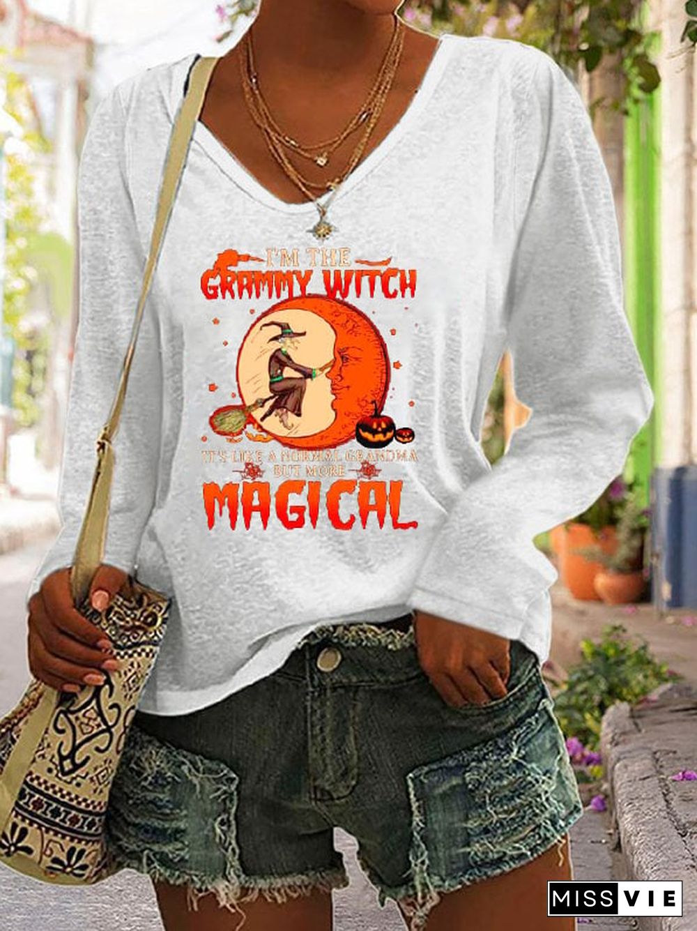 Women's I'm the Grammy Witch Print V-Neck Long Sleeve Top