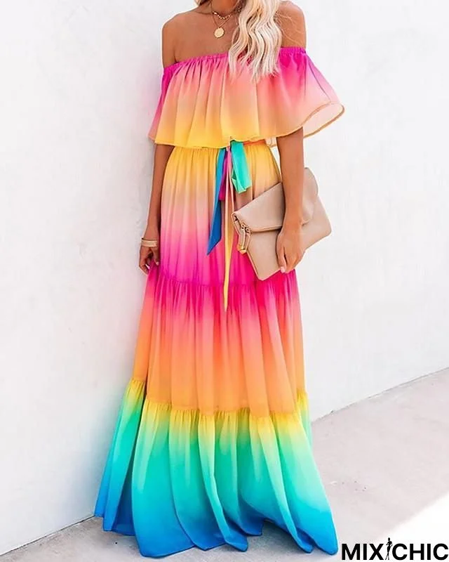 Women's A-Line Dress Maxi Long Dress Short Sleeve Color Gradient Print Summer Elegant Rainbow