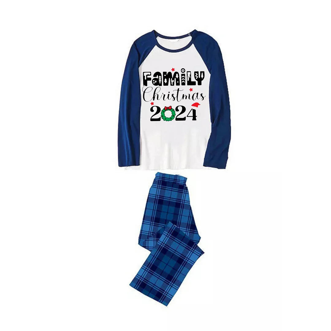 "Family Christmas 2024" Text Print Blue & Black Plaid Christmas Family Matching Pajamas