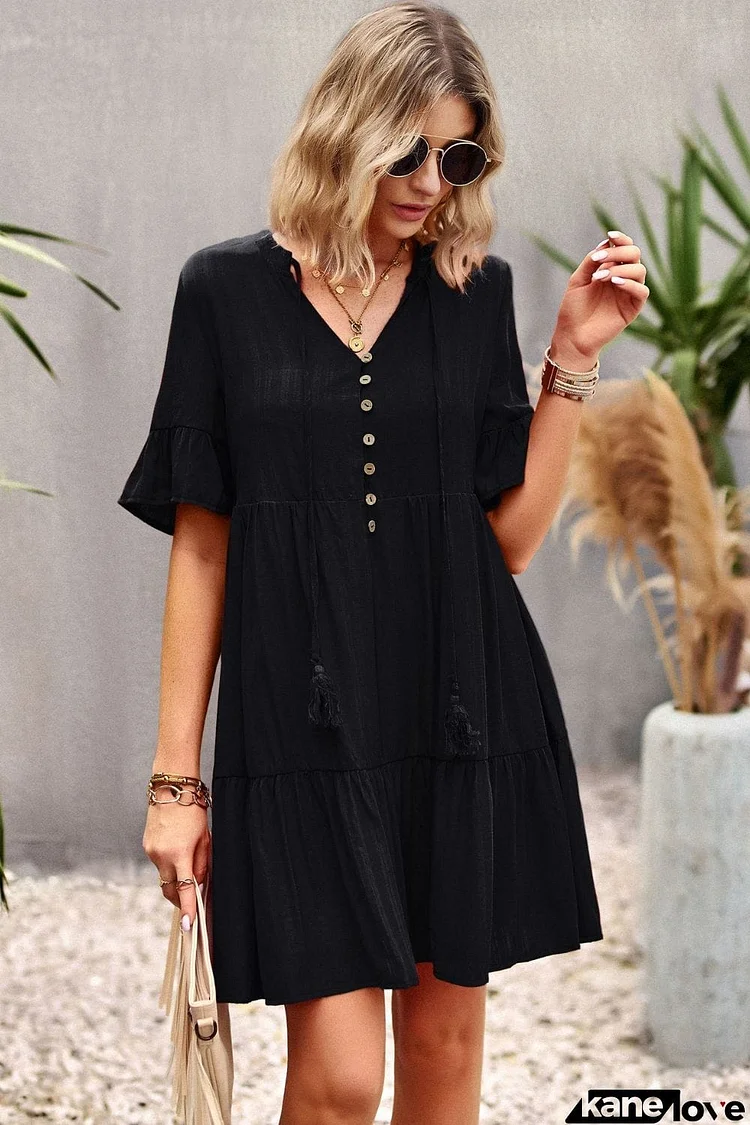 Tie Neck Buttoned Flounce Sleeve Dress