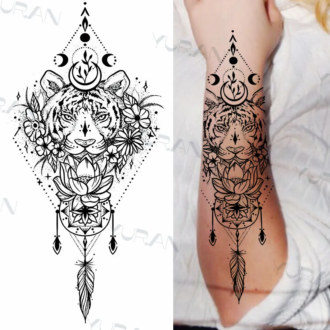 Sdrawing Tiger Flower Temporary Tattoo For Men Adult Fake Cat Dragon Tiger Eagle Wolf Tattoo Sticker Water Transfer Tatoo Paste