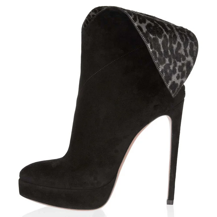 Black Stiletto Boots Leopard-print Vegan Suede Ankle Boots |FSJ Shoes