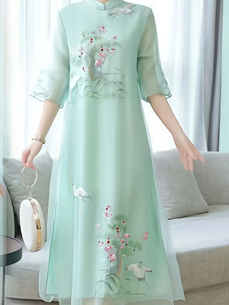 Women's Floral Embroidered A-Line Maxi Dress - Summer Vacation Dress With Stand-Up Collar, Machine Washable Lightweight Fabric, Non-See-Through Long Dress For Casual Outings & Beach Trips, Formal Occasion Attire, Nontransparent Fabric