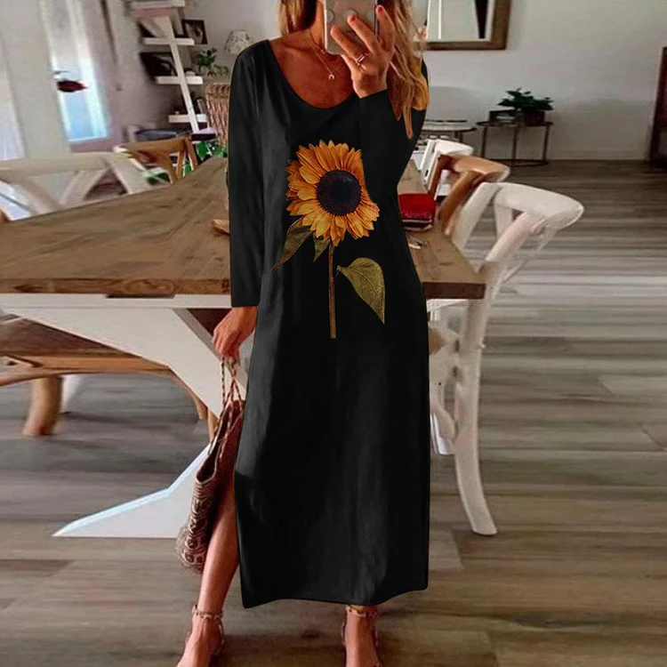 Sunflower 3D Print Split Summer Autumn Dress Women Elegant 2020 White Long Sleeve Plus Size Maxi Dresses for Women Vestidos