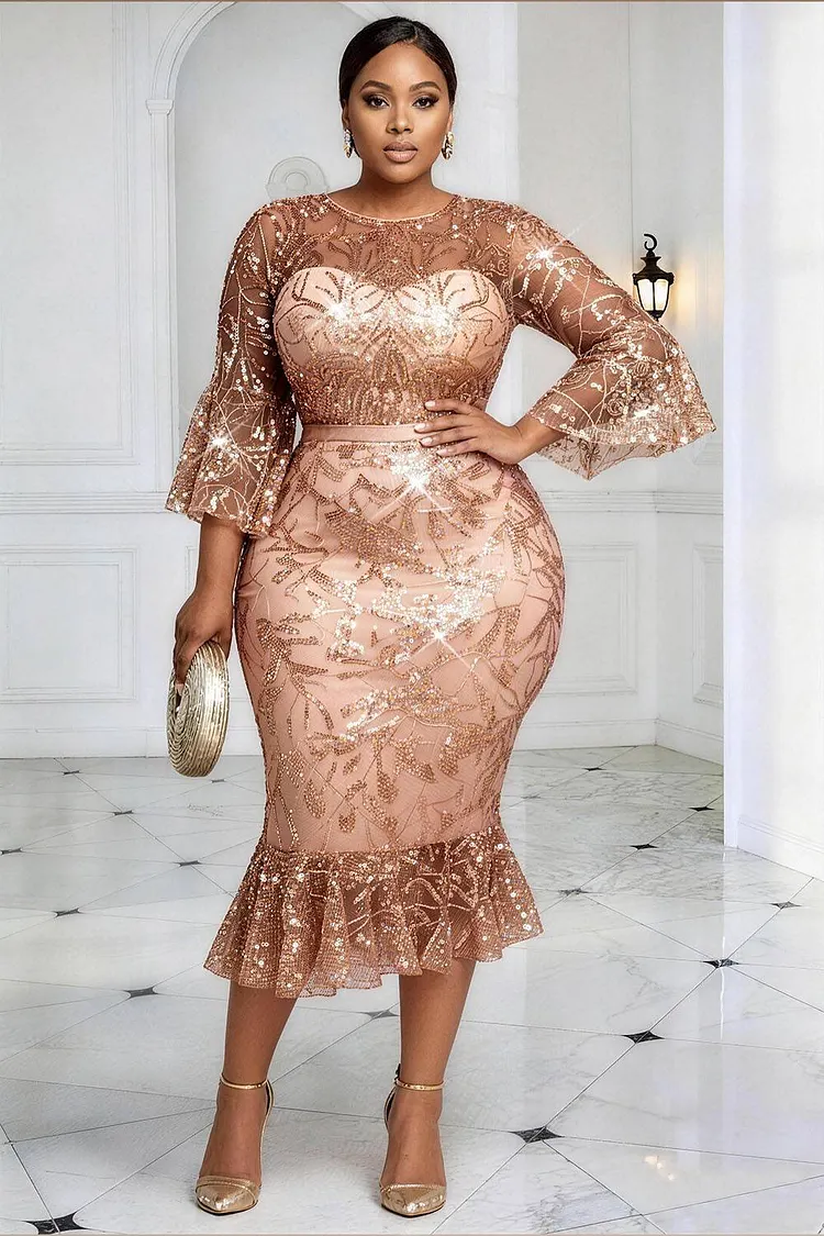 Xpluswear Design Plus Size Cocktail Party Elegant Champagne Round Neck Flare 3/4 Sleeve Ruffle Bodycon Sequin Midi Dresses [Pre-Order] 2024 - Xpluswear