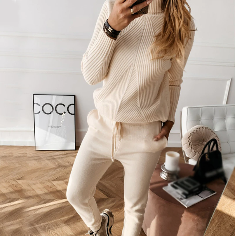 Ladies High-Neck Solid Color Fashion Casual Set