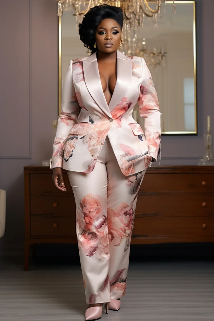 Xpluswear Design Plus Size Formal Pink Floral Lapel Collar Long Sleeve Elegant Satin Two Piece Pant Suits [Pre-Order] 2024 - Xpluswear