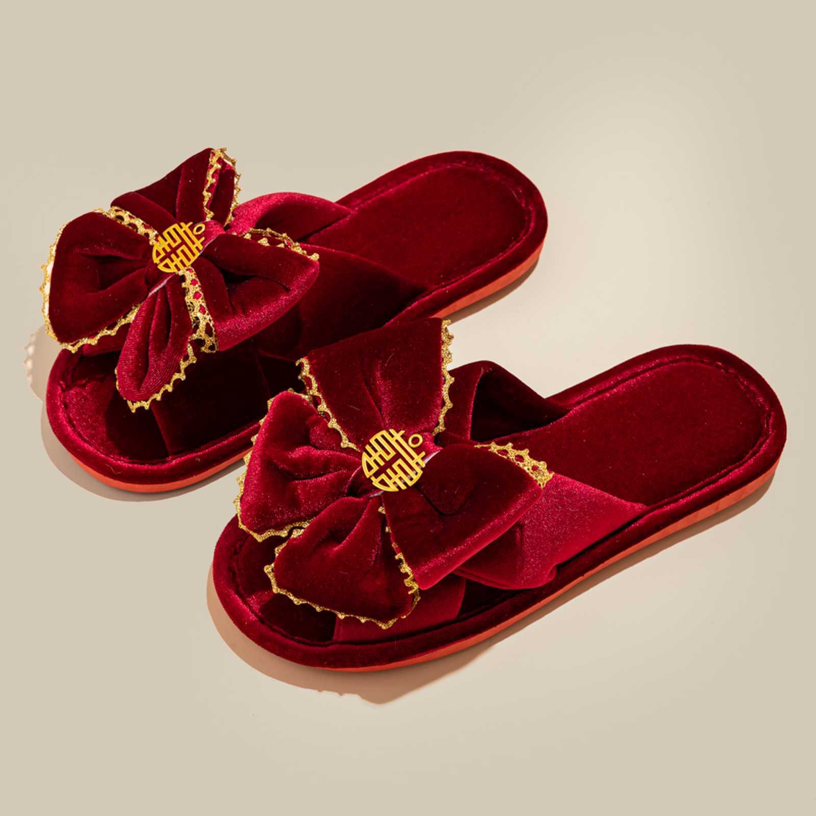 Payietm popular women's shoes 1 Pair High-end Velvet Slippers Couples Red Wedding Shoes Lightweight Luxury Morning Gown Women Men Home Use Slippers