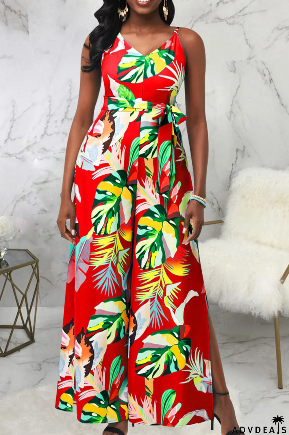 Red Casual Print Patchwork Spaghetti Strap Straight Jumpsuits