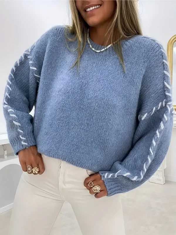 Athvotar Athvotar Leisure Pure Color Round Collar Knitted Shirt Wear Rope Design Loose Lanky Long Sleeve Sweater Female Top
