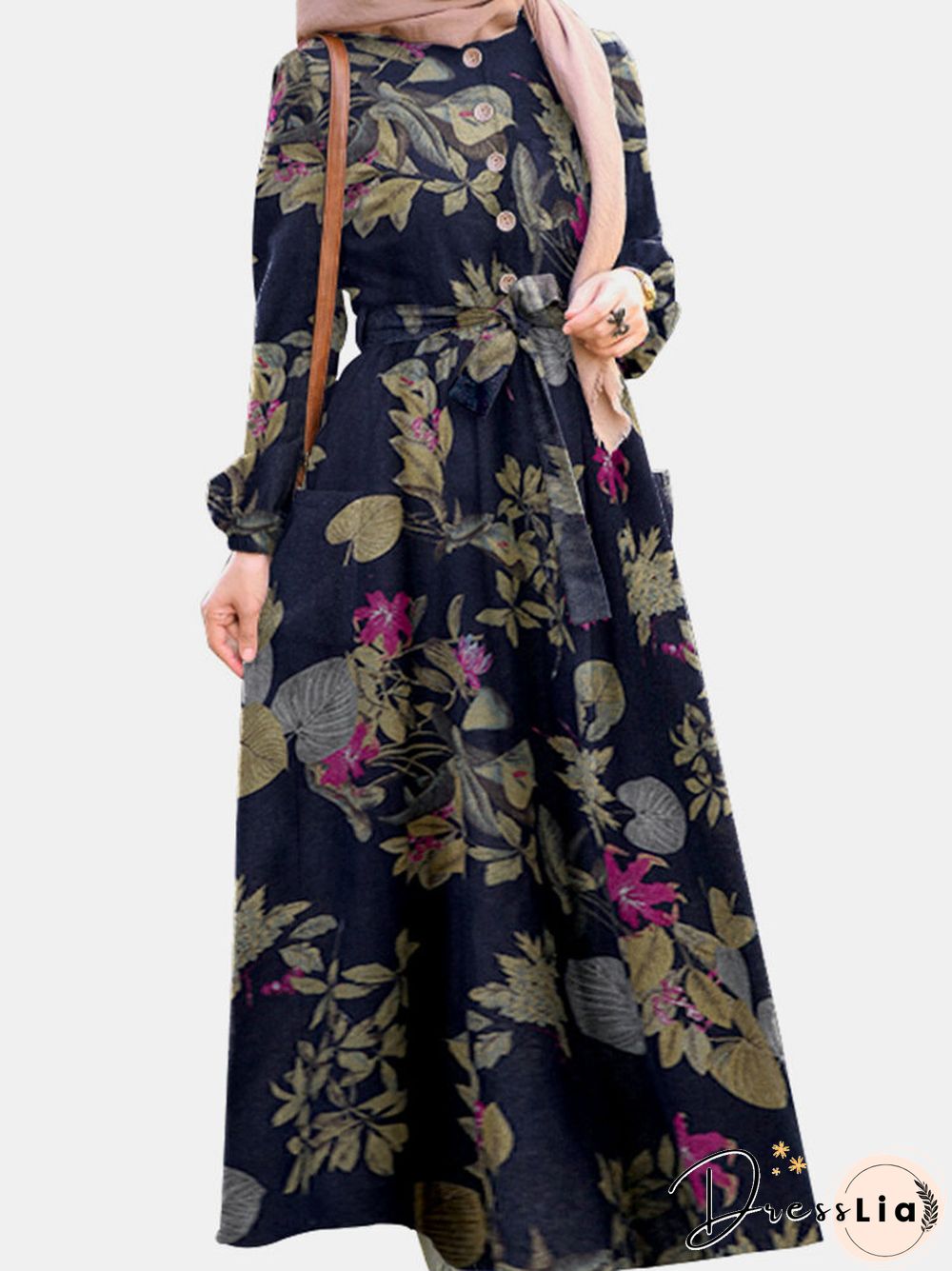 Vintage Flower Puff Sleeves O-neck Maxi Dress With Side Pocket