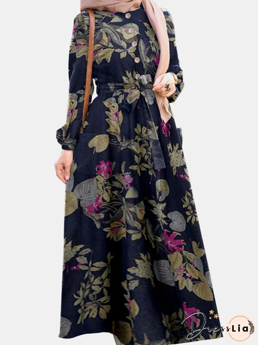 Vintage Flower Puff Sleeves O-neck Maxi Dress With Side Pocket