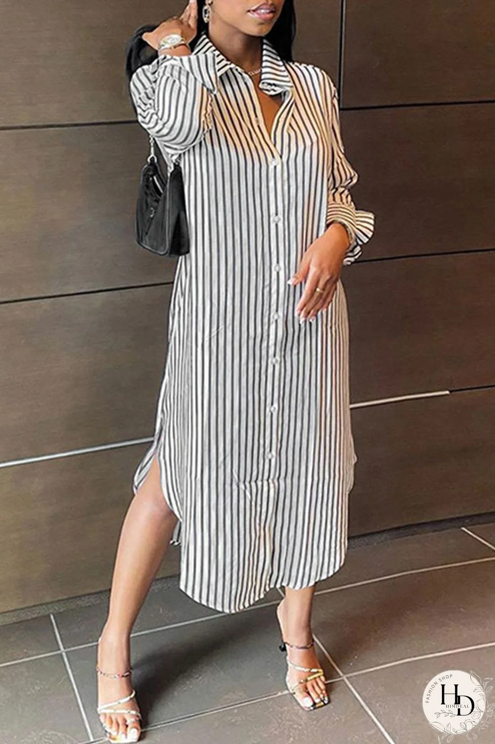 Grey Casual Striped Print Split Joint Buckle Turndown Collar Shirt Dress Dresses