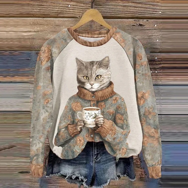 Comstylish Winter Funny Cute Wonderland Clothing Floral Cat Printed Casual Sweatshirt