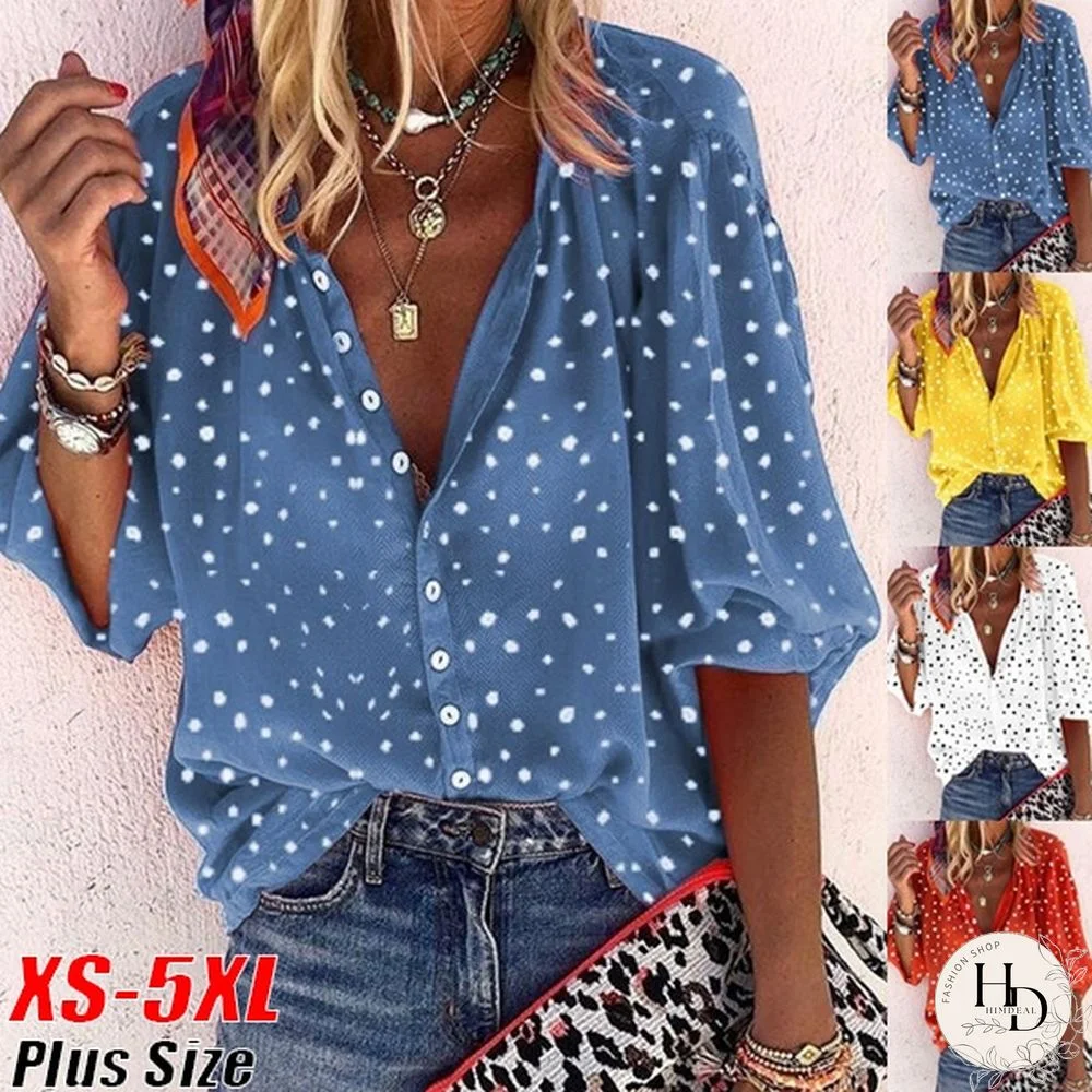 New Fashion Women Trending Clothes Fashion Polka Dot Prined T-shirt 3/4 Sleeve Blouse Button Shirts Loose Tops Plus Szie XS-5XL