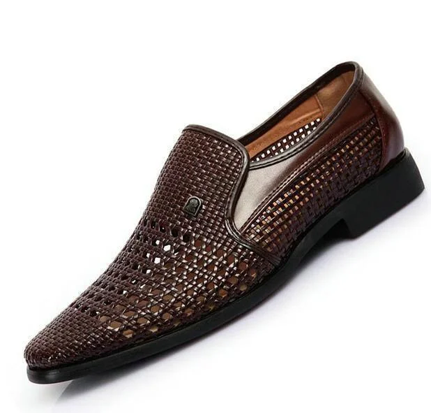 Men Vintage Genuine Leather Soft Bottom Slip-On Hollow Weave Sandals Shoes