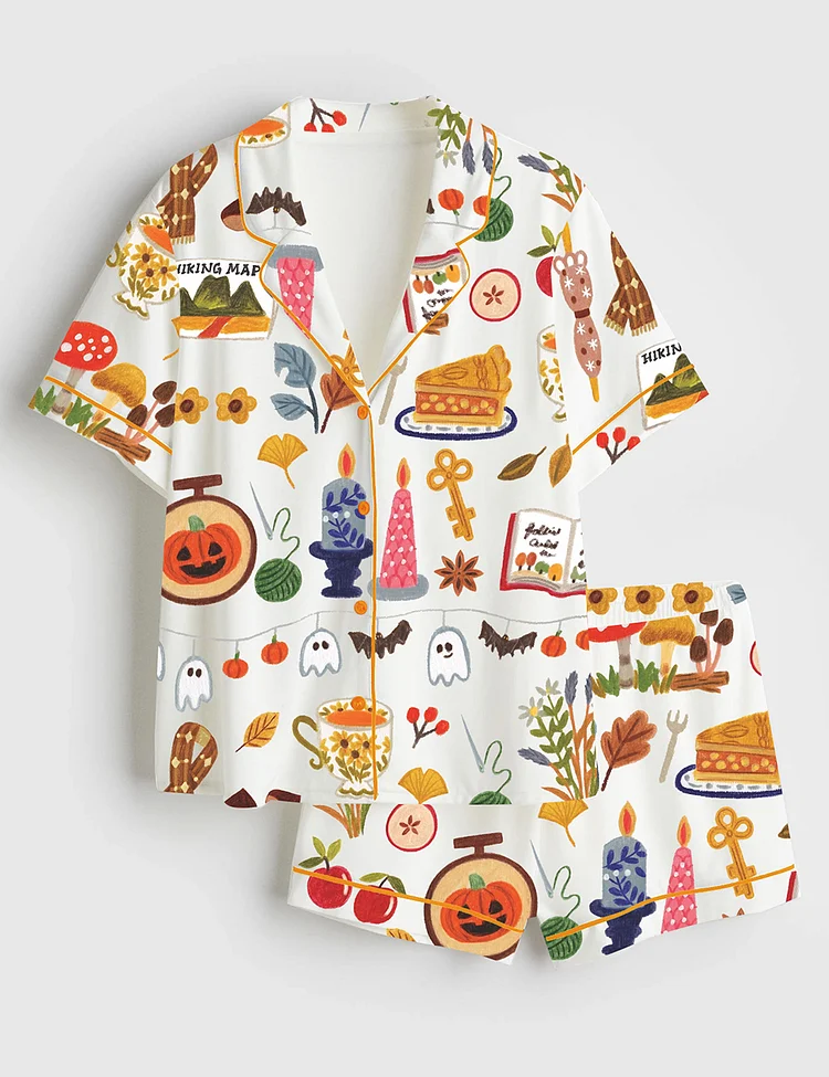 Women&rsquo;s Spooky Halloween Autumn Candle Coffee Cake Mushroom Wool Scarf Pumpkin Bat Short Sleeve Satin Pajama Set