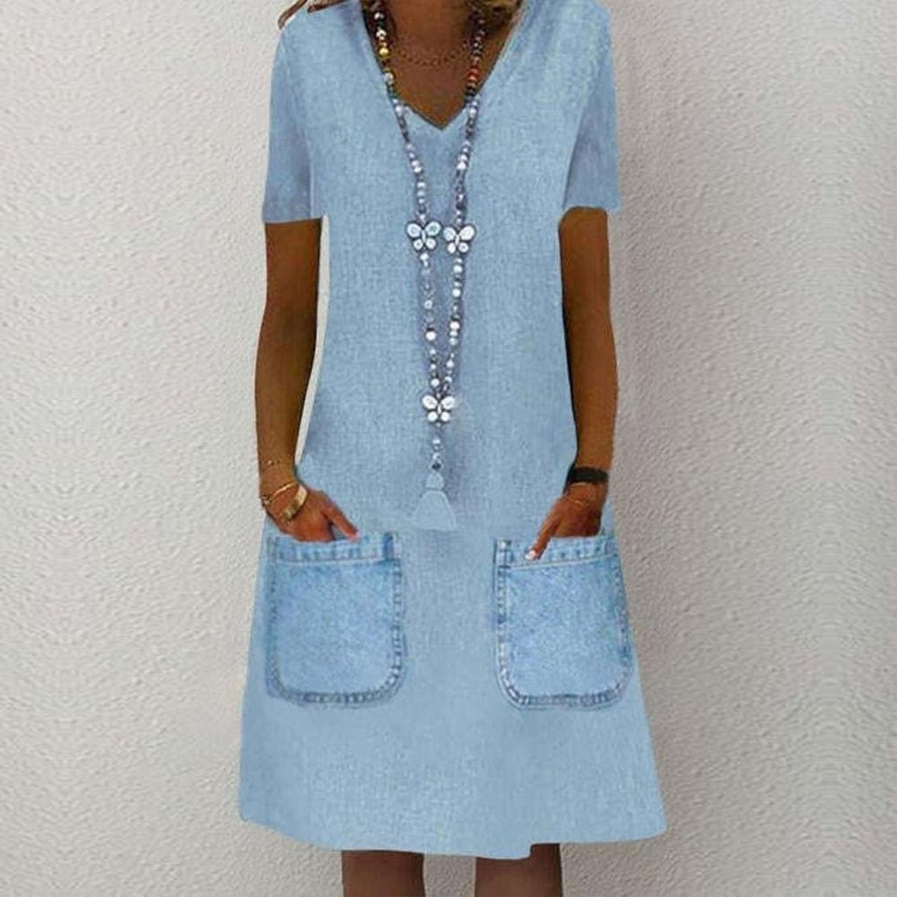 Chambray Denim Front Pocket Short Sleeve Midi Dress