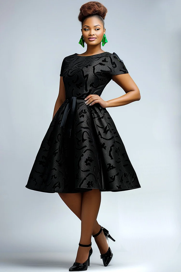 Xpluswear Design Plus Size Semi Formal Black Round Neck Short Sleeve Print Midi Dresses [Pre-Order]