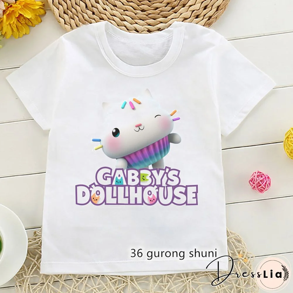 Kawaii Girls T Shirts Gabbys Doll House Cartoon Print Childrens Tshirt Summer Tee Girls Clothes White Camisole Tops
