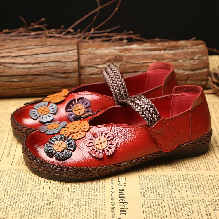 Vintage Leather Woman Handmade Flower Velcro Casual Flat Shoes