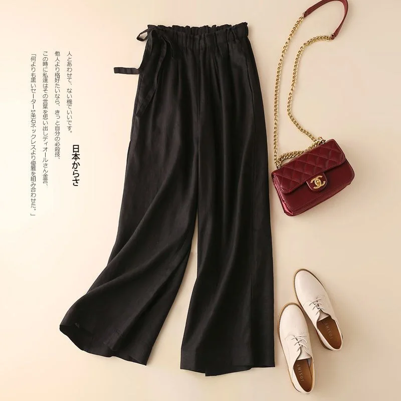 Cotton linen straight loose wide-leg 8 colors pants for women 2022 summer elastic waist pleated light ankle-length women's pants