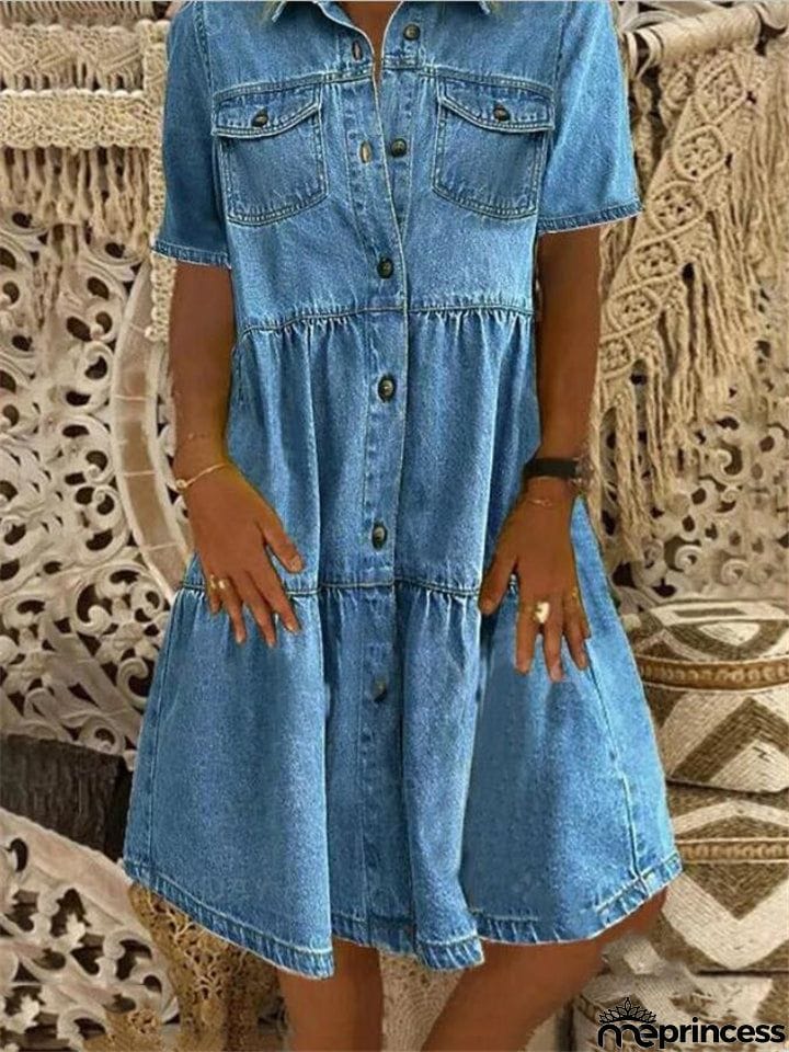 Short Sleeve Chest Pocket Denim Shirt Dress