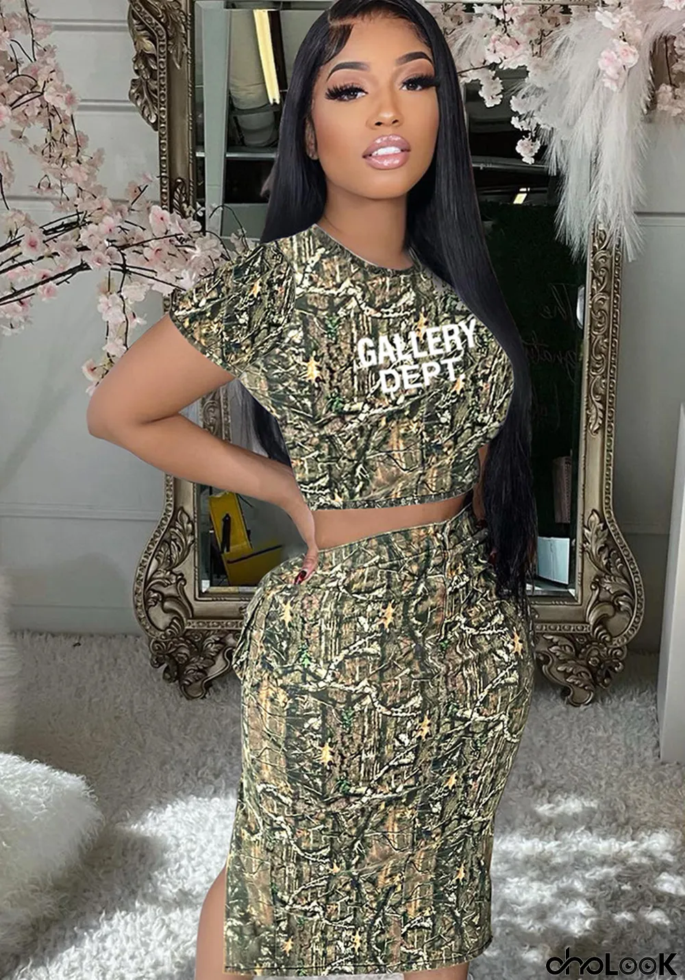 Women's Street Trend Camouflage Floral Slit Bodycon Mini Skirt Short Sleeve Set