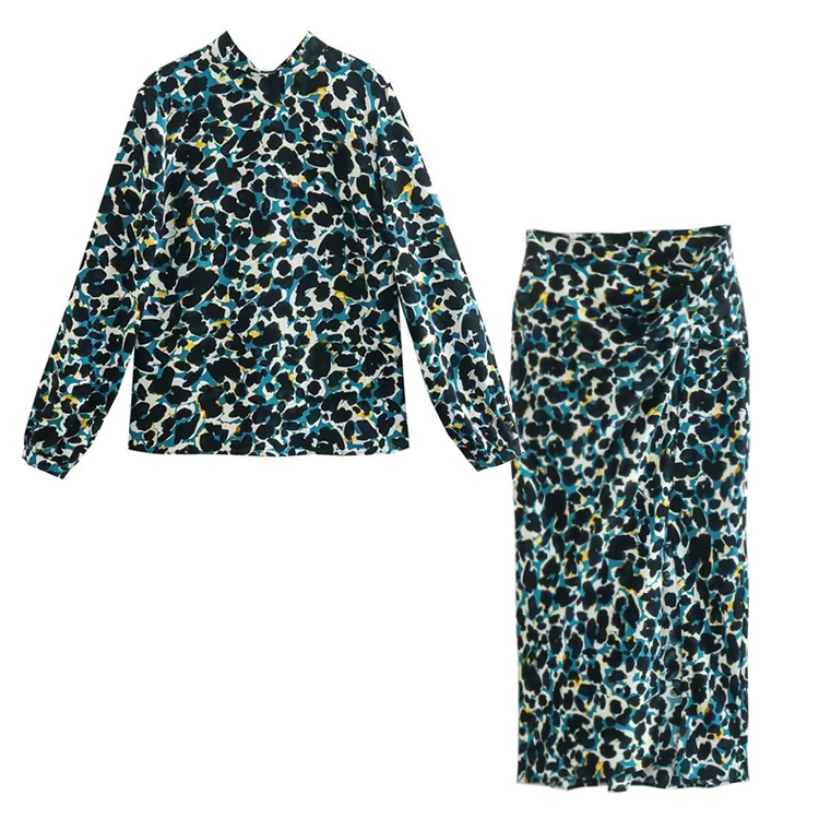 Flaxmaker Fashion Blue Animal Printed Skirt Two Piece Set
