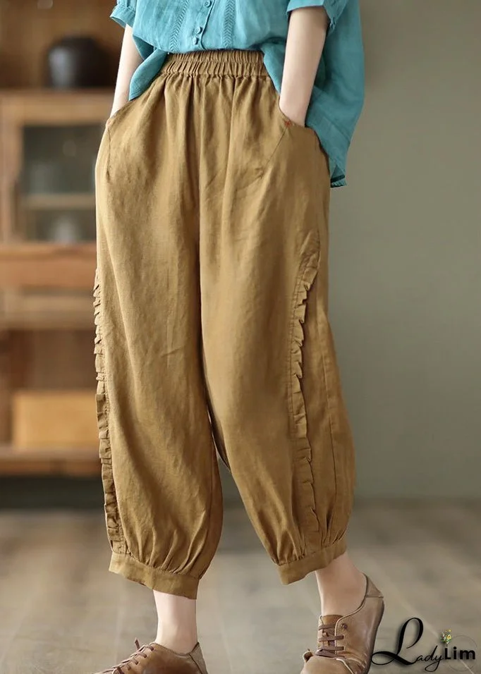 Brown Ruffled Elastic Waist Cozy Crop Pants