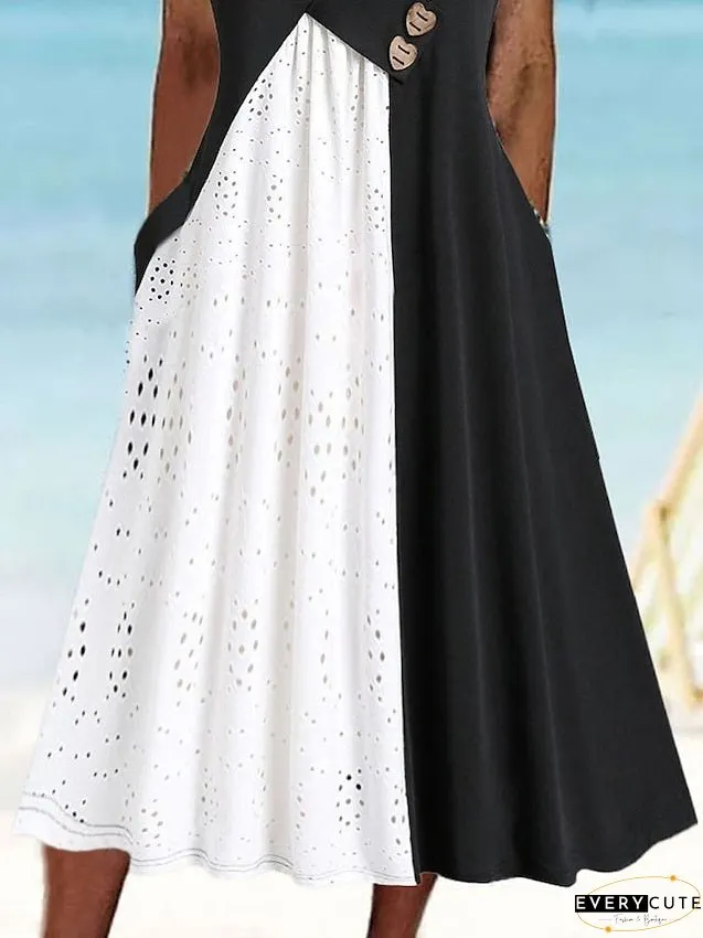 Casual Dress Tank Summer Color Block Lace Ruched Neck Midi Fashion Modern Daily Holiday