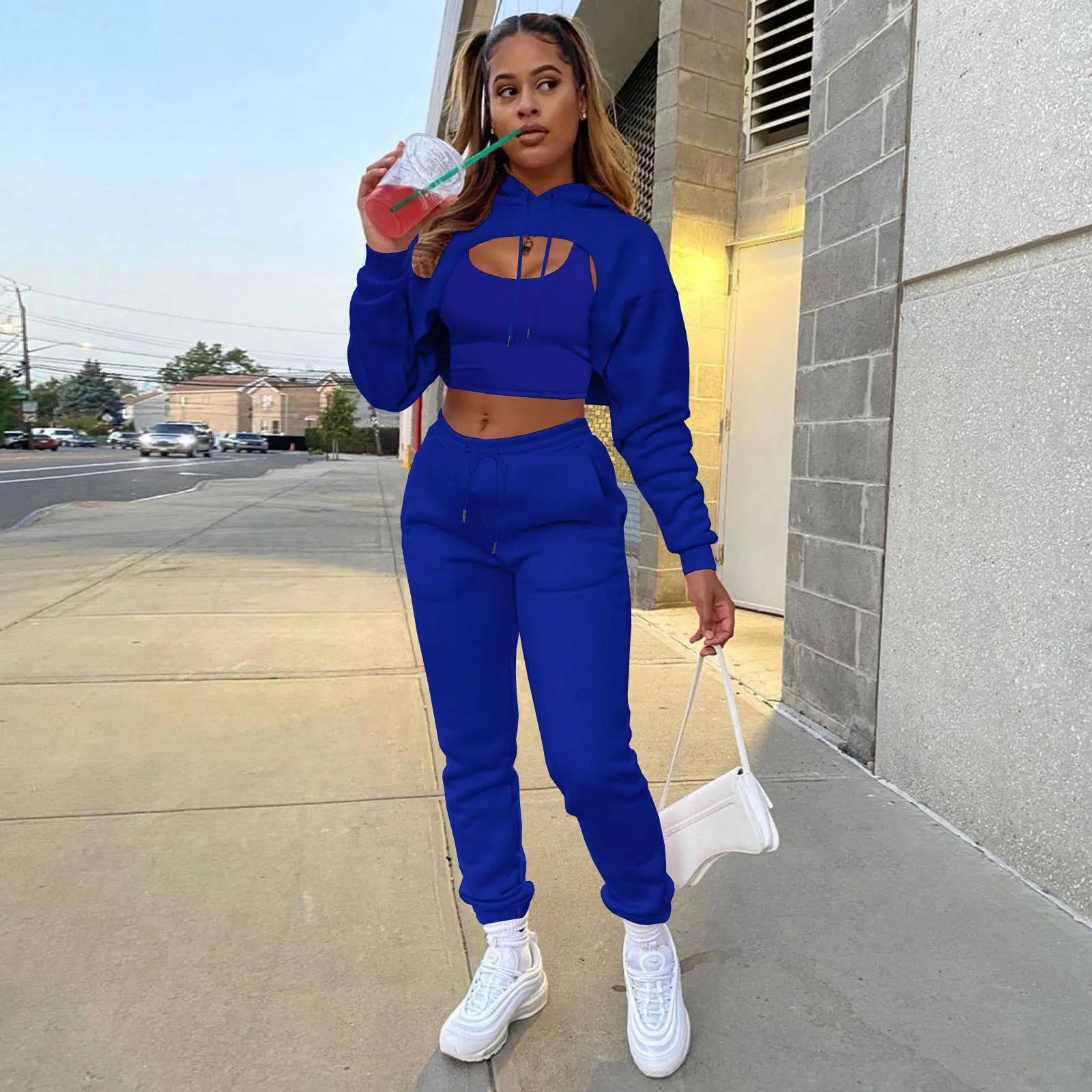 Womens Fashion Fleece Drawstring Solid Hoodies Long sleeve Pant Tank Top Three Piece