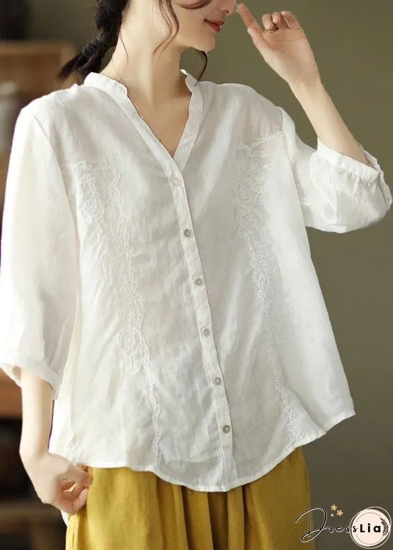 French yellow flower Embroidered V Neck Ramie Blouse Top Summer