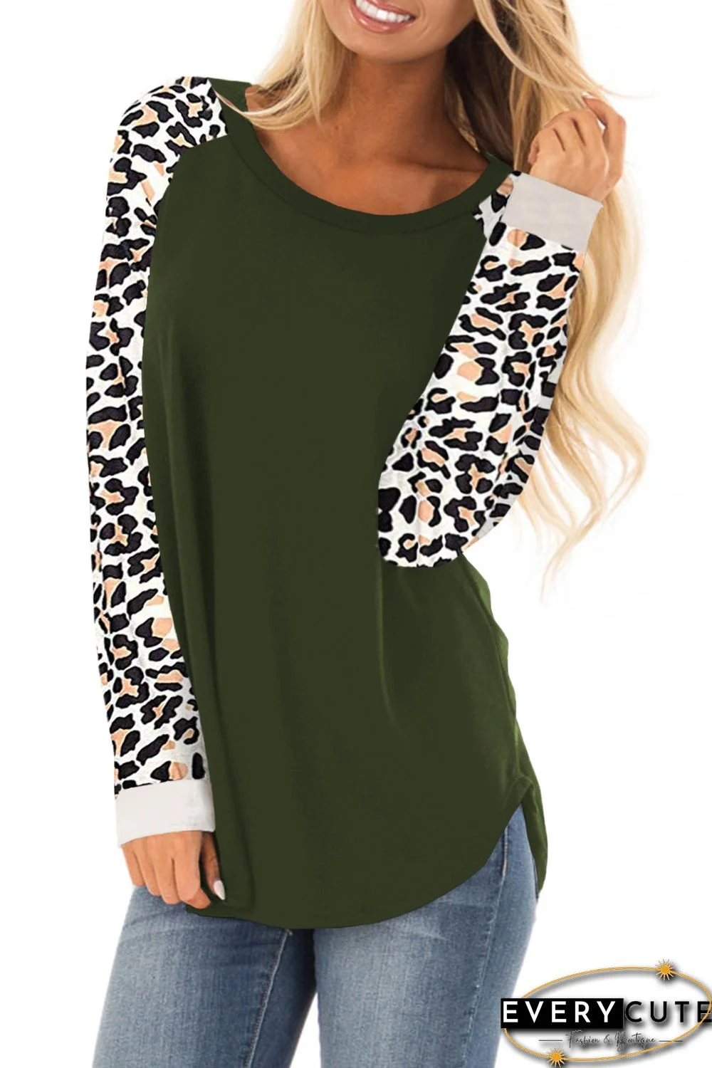 Green Leopard Print Long Sleeve Pullover Top