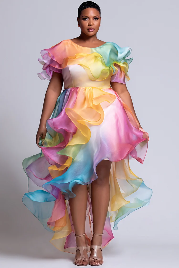Xpluswear Design Plus Size Party Elegant Organza Rainbow Gradient Round Neck Flutter Sleeve Short Sleeve Ruffle Asymmetric Hem Irregular Hem Satin Midi Dresses [Pre-Order] 2024 - Xpluswear
