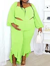 Fluorescent Solid Color Flared Pants Long Sleeves V-Neck Suits