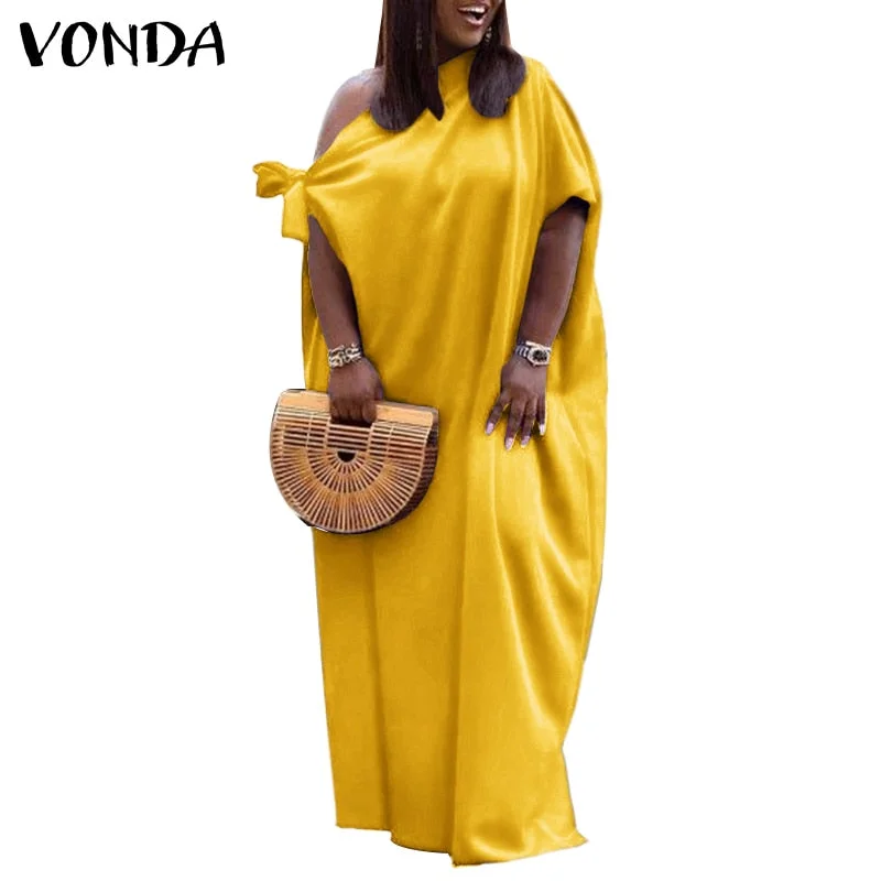 Satin Dress VONDA Women Casual Solid Pleated Long Maxi Dresses Loose Shorts Sleeve Party Robes Longue Sundress