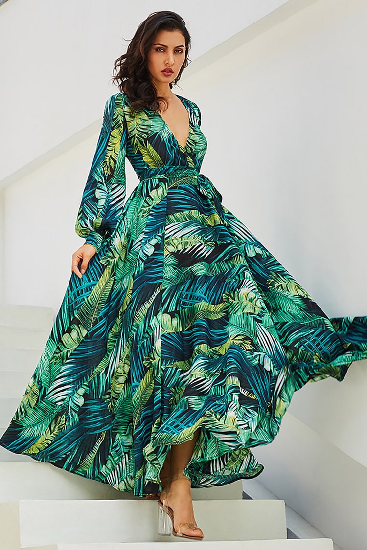 Long Bell Sleeve V Neck Tropical Plant Print Vacation Maxi Dresses