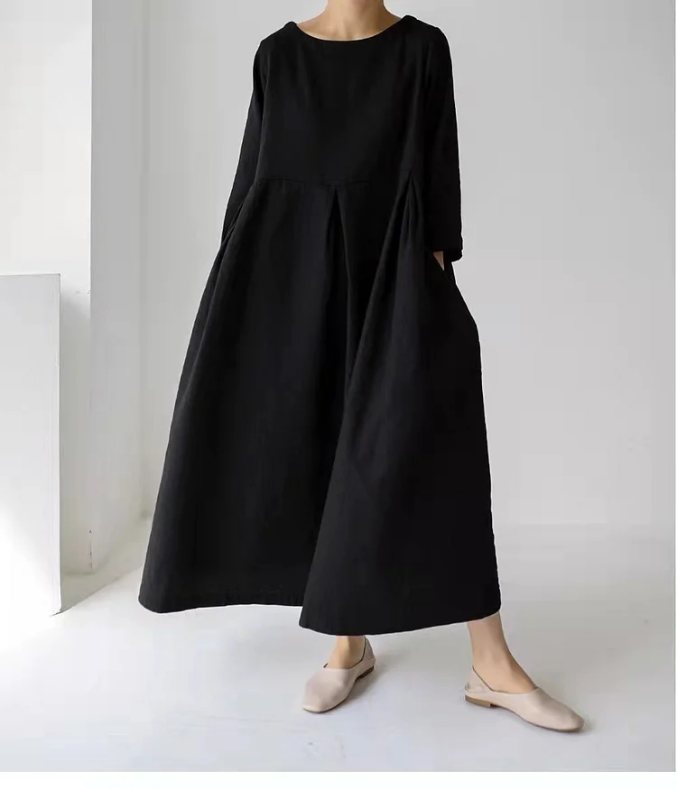 Simple Cotton Linen Style Long Sleeve Maxi Dress