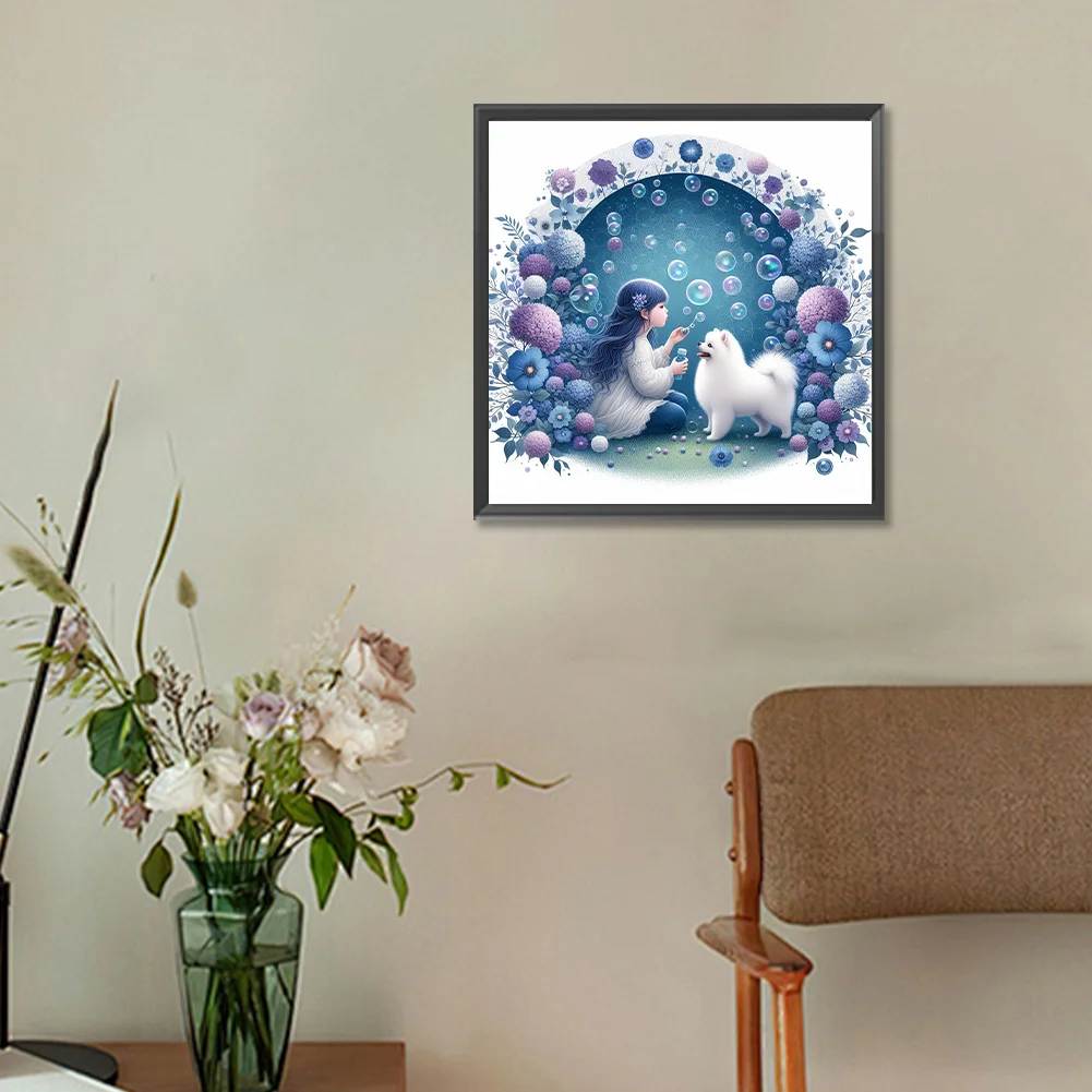 Full Round Diamond Painting 30*30cm - Girl And Samoyed Dog