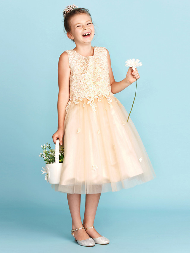 Bellasprom Princess A-Line Jewel Neck Knee Length Lace Tulle Flower Girl Dress With Bow(S) Appliques Bellasprom