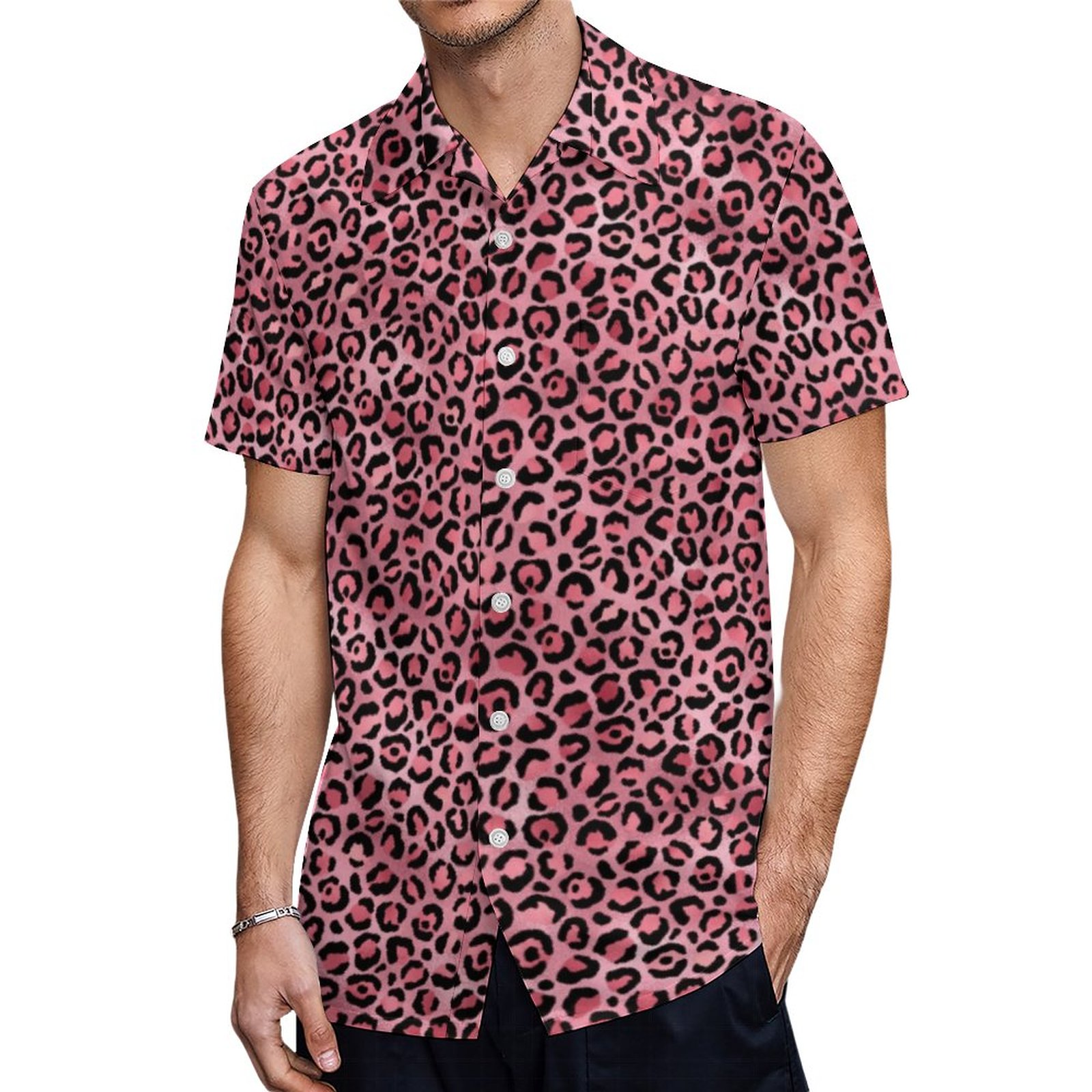 Chic Trendy Black Pink Leopard Print Hawaiian Shirt Mens Button Down Plus Size Tropical Hawaii Beach Shirts