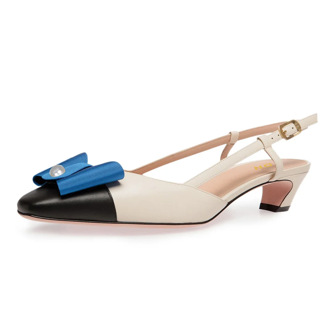 Women's Low Heel Bow Pearl Square Toe Slingback Pumps Shoes in Beige