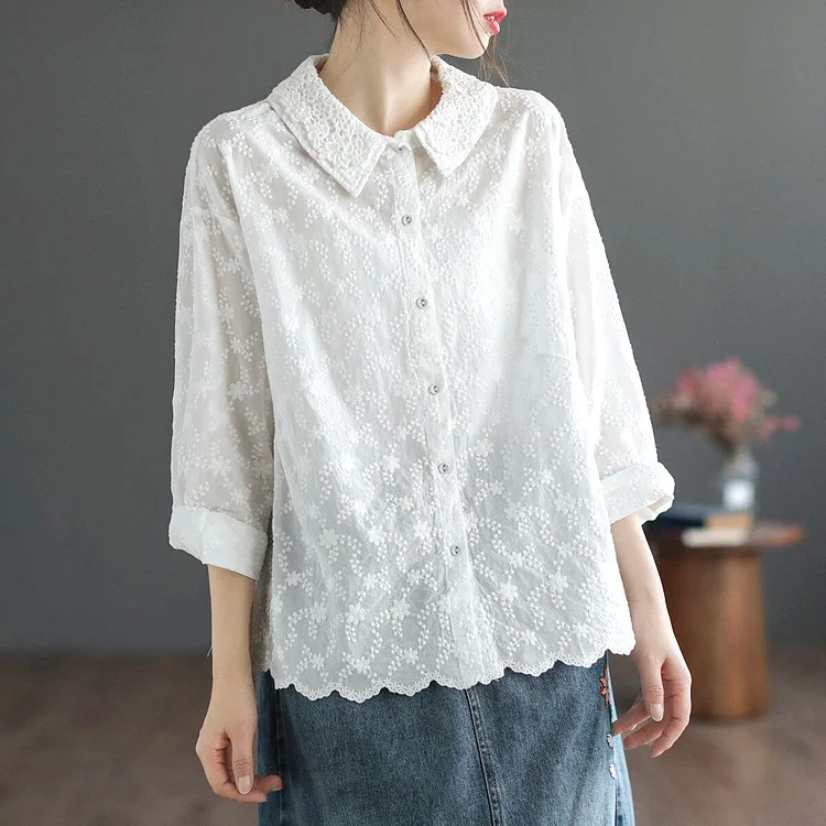 Women Spring Retro Embroidery Double Layers Blouse