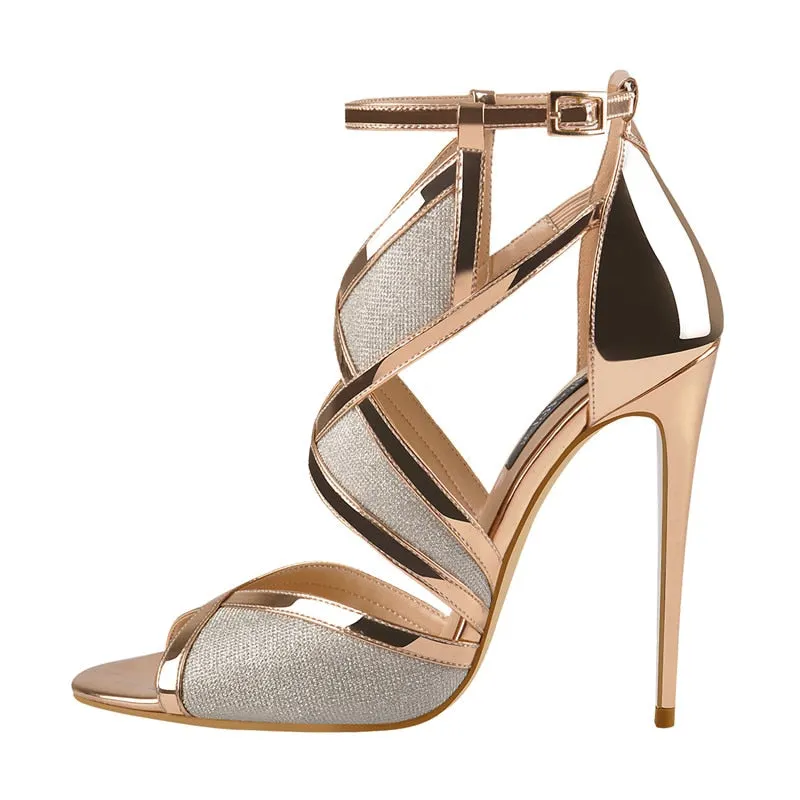 Onlymaker Women's 12cm Peep Toe High Heel Glitter Cut Out Gold Evening Party Sandals Ankle Strap For Summer