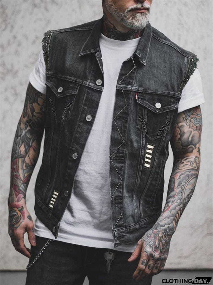 Tribal Style Chief Skull Print Men's Street Denim Vest