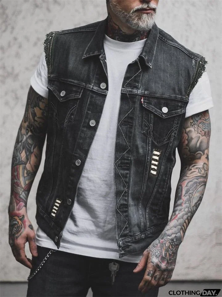 Tribal Style Chief Skull Print Men's Street Denim Vest