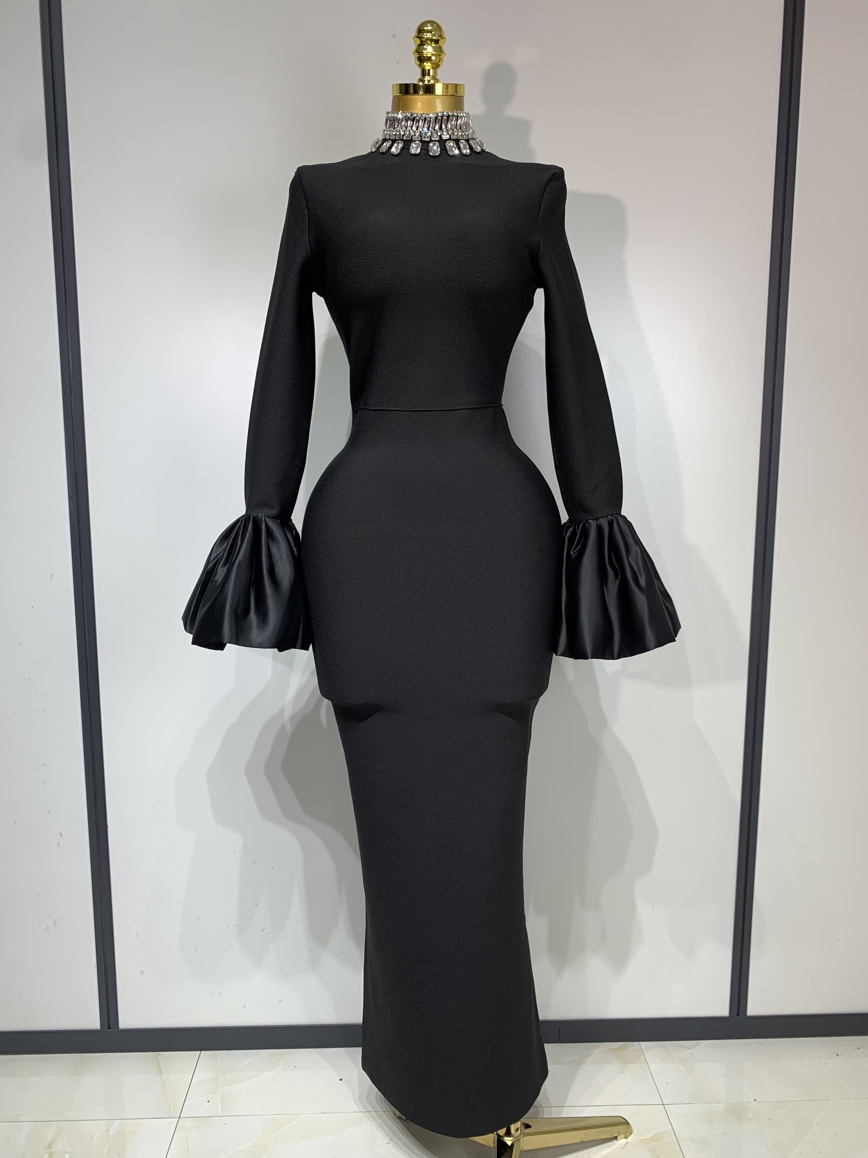 Proslotss Women Evening Bandage Dress Beading Black Flare Sleeve Celebrity Sexy Birthday Party Dresses Photo Shoot Nightclub Outfit