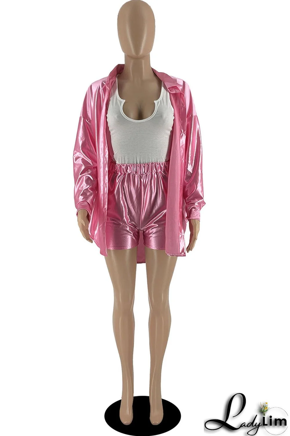 Pink Casual Solid Patchwork Buckle Turndown Collar Long Sleeve Two Pieces