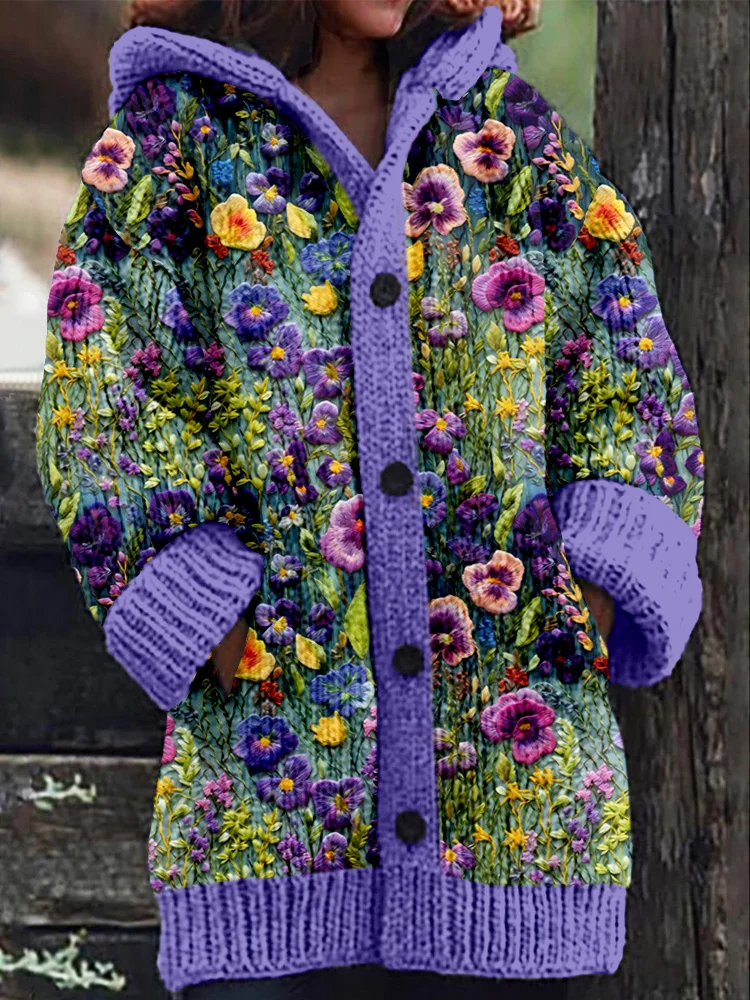 Violet Wildflower Embroidery Art Cozy Hooded Cardigan